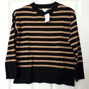 J Crew Black Tan Striped Crewneck Relaxed Pullover